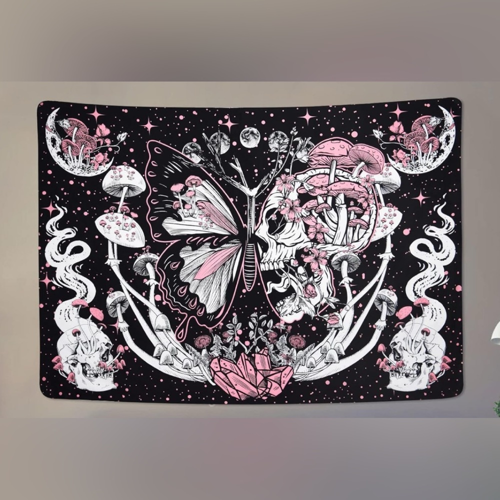Black and Pink Skull Butterfly Tapestry